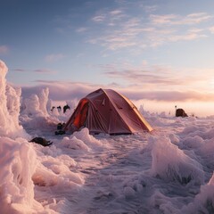 Winter landscape with tent on snowy mountain. Generative AI