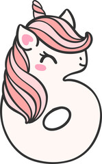 cute unicorn doodle number 6, six is a pink kawaii cartoon illustration with a unicorn head that is perfect for kids.