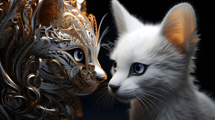 eine weiße Katze, die zu einer anderen Katze aufblickt, im Stil des kybernetischen Surrealismus Tier Babys Abstracte Kunst Generative Ai
