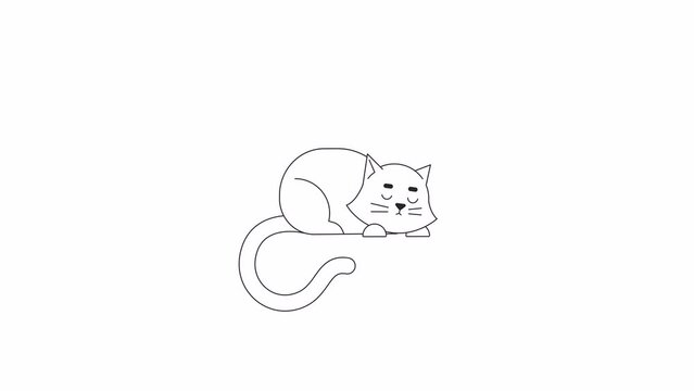 Cute sleeping cat with eyebrows bw outline 2D character animation. Adorable pet wagging tail in sleep monochrome linear cartoon 4K video. Relaxed cat. Rest animated animal on white background