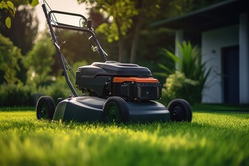 A lawn mower is being used to mow the grass. Generative Ai.