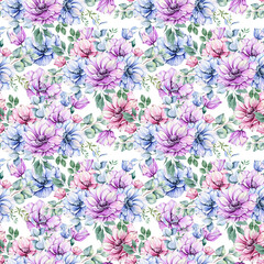 Fototapeta na wymiar Elegant floral Seamless pattern with watercolor anemone flowers and greenery. Seamless floral background in pink, blue and purple colors