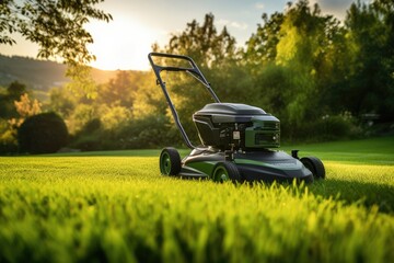 Fototapeta premium A lawn mower is being used to mow the grass. Generative Ai.