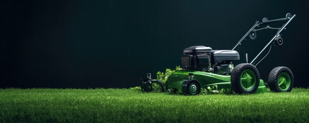Lawn mower on perfect cut green grass, dark green leaf wall, panorama. Generative Ai. - obrazy, fototapety, plakaty