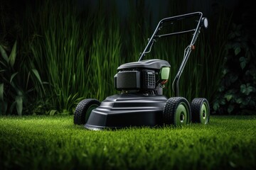 Fototapeta premium Lawn mower on perfect cut green grass, dark green leaf wall. Generative Ai.