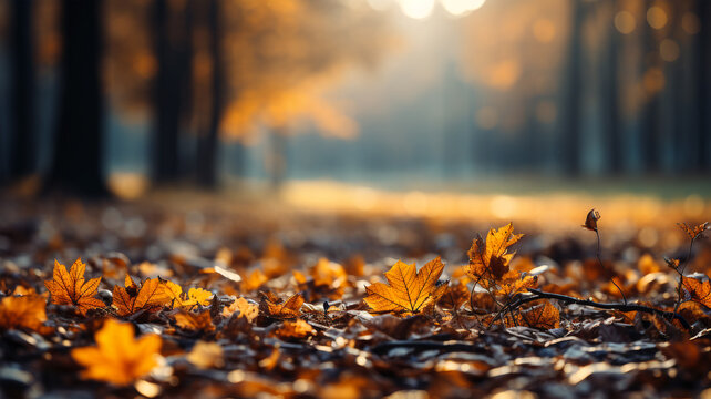 A photo of a beautiful autumn forest landscape with autumn yellow leaves, postcard, generative AI
