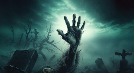 scary Halloween concept. Dead hand coming out of graveyard grave at night with moonlight