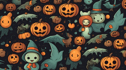 Fun and cute wallpaper with friendly halloween illustrations of ghosts and pumplins 