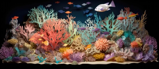 Multilayered paper art of an underwater coral reef scene with colorful fish.