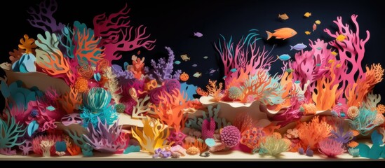 Fototapeta na wymiar Vibrant paper art of an underwater coral reef scene with fish.