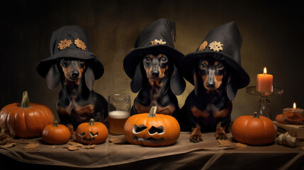 three dachshund puppy dogs with halloween witch costume hats and jack-o'lantern pumpkins at spooky dinner table