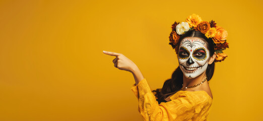 Halloween and day of the dead or dia de los muertos. Young woman with sugar skull face paint with flowers points away over yellow background with copy space