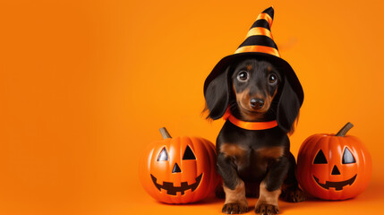cute dachshund puppy dog with halloween witch costume hat and jack-o'lantern pumpkins over orange background with copy space - obrazy, fototapety, plakaty