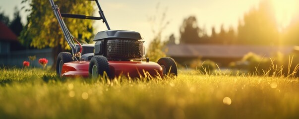 A lawn mower is being used to mow the grass, panorama. Generative Ai.