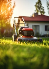 Fototapeta premium A lawn mower is being used to mow the grass. Generative Ai.