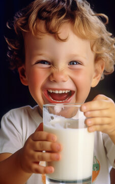 A smiling and adorable little child drinking a big glass of milk