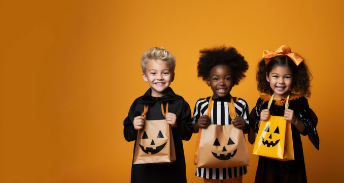 Three multicultural children in Halloween costumes smiling and holding candy bagss over yellow background with copy space