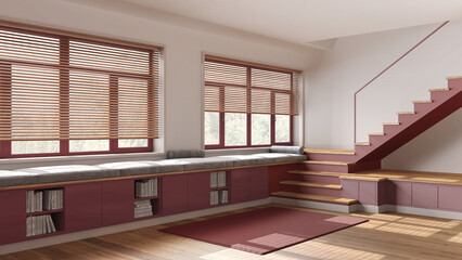 Wooden hallway living room in white and red tones. Bench with cabinets and pillows, minimal staircase and panoramic windows. Parquet, scandinavian interior design