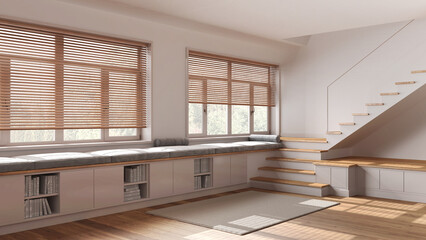 Wooden hallway living room in white and beige tones. Bench with cabinets and pillows, minimal staircase and panoramic windows. Parquet, scandinavian interior design