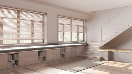 Bleached wooden hallway living room in white and beige tones. Bench with cabinets and pillows, minimal staircase and panoramic windows. Parquet, scandinavian interior design