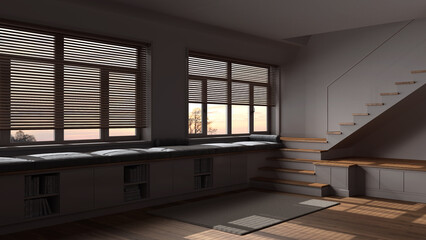 Dark late evening scene, wooden hallway living room. Bench with cabinets and pillows, minimal...