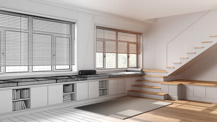 Architect interior designer concept: hand-drawn draft unfinished project that becomes real, wooden hallway living room. Bench, staircase and windows. Scandinavian style