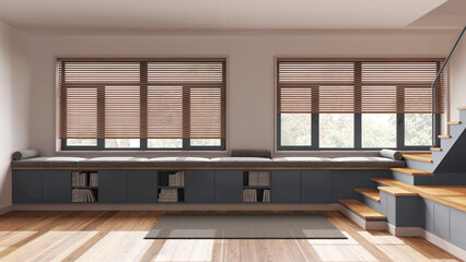 Minimal wooden living room in white and gray tones, foyer. Bench with cabinets and pillows, staircase and panoramic windows. Parquet, japandi interior design