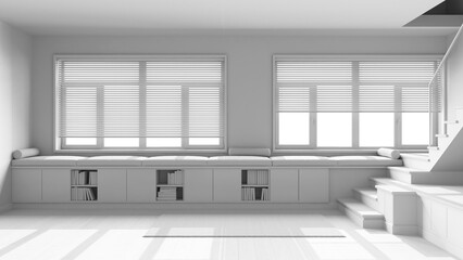 Total white project draft, minimal wooden living room, foyer. Bench with cabinets and pillows, staircase and panoramic windows. Parquet, japandi interior design