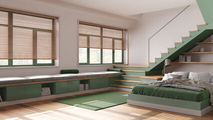 Fototapeta premium Minimal wooden bedroom in white and green tones. Bed with duvet and pillows, shelves, staircase and panoramic windows. Parquet, japandi interior design