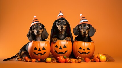three dachshund puppy dogs with halloween witch costume hats and jack-o'lantern pumpkins over orange background with copy space