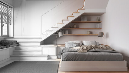 Architect interior designer concept: hand-drawn draft unfinished project that becomes real, wooden bedroom. Bed, minimal staircase and windows. Scandinavian style