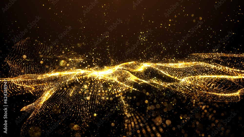 Wall mural beautiful golden particles wave and light abstract background with shining particle form floor stars