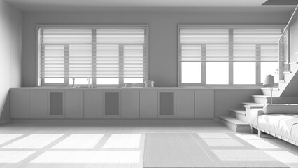 Total white project draft, modern scandinavian wooden kitchen and living room. Cabinets, sofa, staircase and panoramic windows. Parquet, minimal japandi interior design
