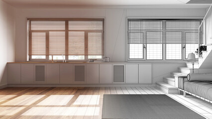 Architect interior designer concept: hand-drawn draft unfinished project that becomes real, kitchen and living room. Cabinets, sofa, staircase and windows. Japandi style