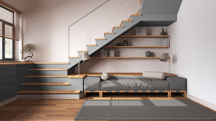 Wooden living room in white and gray tones. Fabric sofa with pillows, carpet and bookshelf, minimal staircase and panoramic window. Parquet, scandinavian interior design © ArchiVIZ