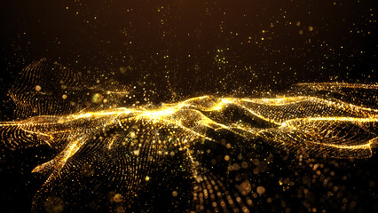 Beautiful golden particles wave and light abstract background with shining particle form floor stars dust flare. Futuristic glittering Luxurious gold sparkling on background.