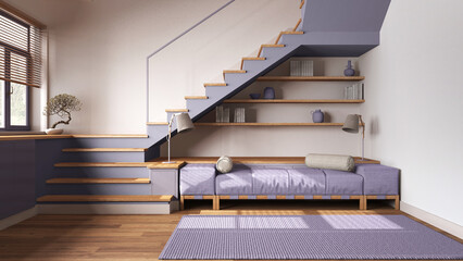 Wooden living room in white and purple tones. Fabric sofa with pillows, carpet and bookshelf, minimal staircase and panoramic window. Parquet, scandinavian interior design © ArchiVIZ