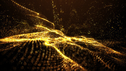 Beautiful golden particles wave and light abstract background with shining particle form floor...
