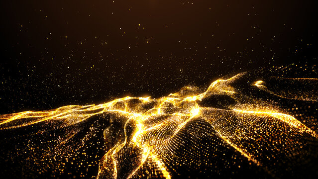 Beautiful golden particles wave and light abstract background with shining particle form floor stars dust flare. Futuristic glittering Luxurious gold sparkling on background.