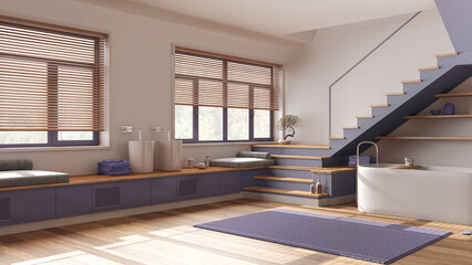 Minimal wooden bathroom in white and purple tones. Bathtub and washbasin, shelves, minimal staircase and panoramic windows. Parquet, japandi interior design