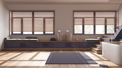 Minimal wooden bathroom in white and purple tones. Bathtub and washbasin, carpet, minimal staircase and panoramic windows. Parquet, japandi interior design