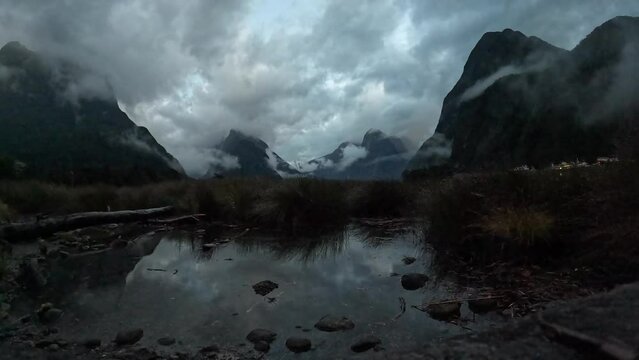 Early morning Timelapse of Milford sound in New Zealand. Lots of sandflies