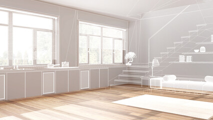 Empty white interior with parquet floor, custom architecture design project, white ink sketch, blueprint showing minimal kitchen and living room, japandi interior design