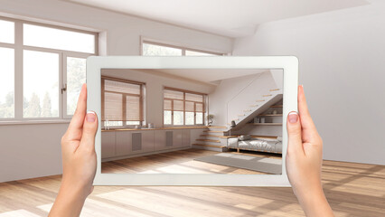 Augmented reality concept. Hand holding tablet with AR application used to simulate furniture and design products in empty interior with parquet, japandi kitchen and living room