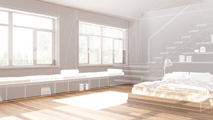 Empty white interior with parquet floor, custom architecture design project, white ink sketch, blueprint showing minimal bedroom with staircase, japandi interior design