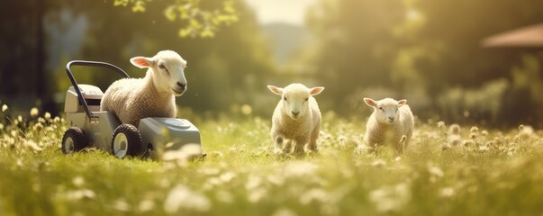 Sheeps in garden with a lawnmower, bokeh background, sunlight, panorama. Generative Ai. - obrazy, fototapety, plakaty