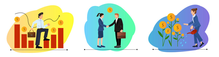 Set of financial investment, businessman and businesswoman handshake, plant, grow, diagram, chart, graph, money, finance, success, deal, partnership, profit, stock exchange. Vector illustration