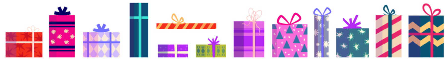 Gift Christmas present set. Colorful box with ribbon. Holiday xmas giftbox. Cartoon vector illustartion. Gift xmas with ribbon.