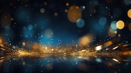 Fototapeta na wymiar Abstract background with dark blue and gold particles, golden Christmas light particles shine bokeh on a dark blue background, gold foil texture concept.