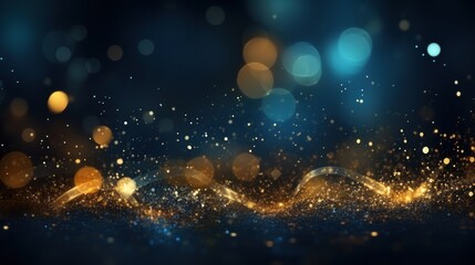 Abstract background with dark blue and gold particles, golden Christmas light particles shine bokeh on a dark blue background, gold foil texture concept.